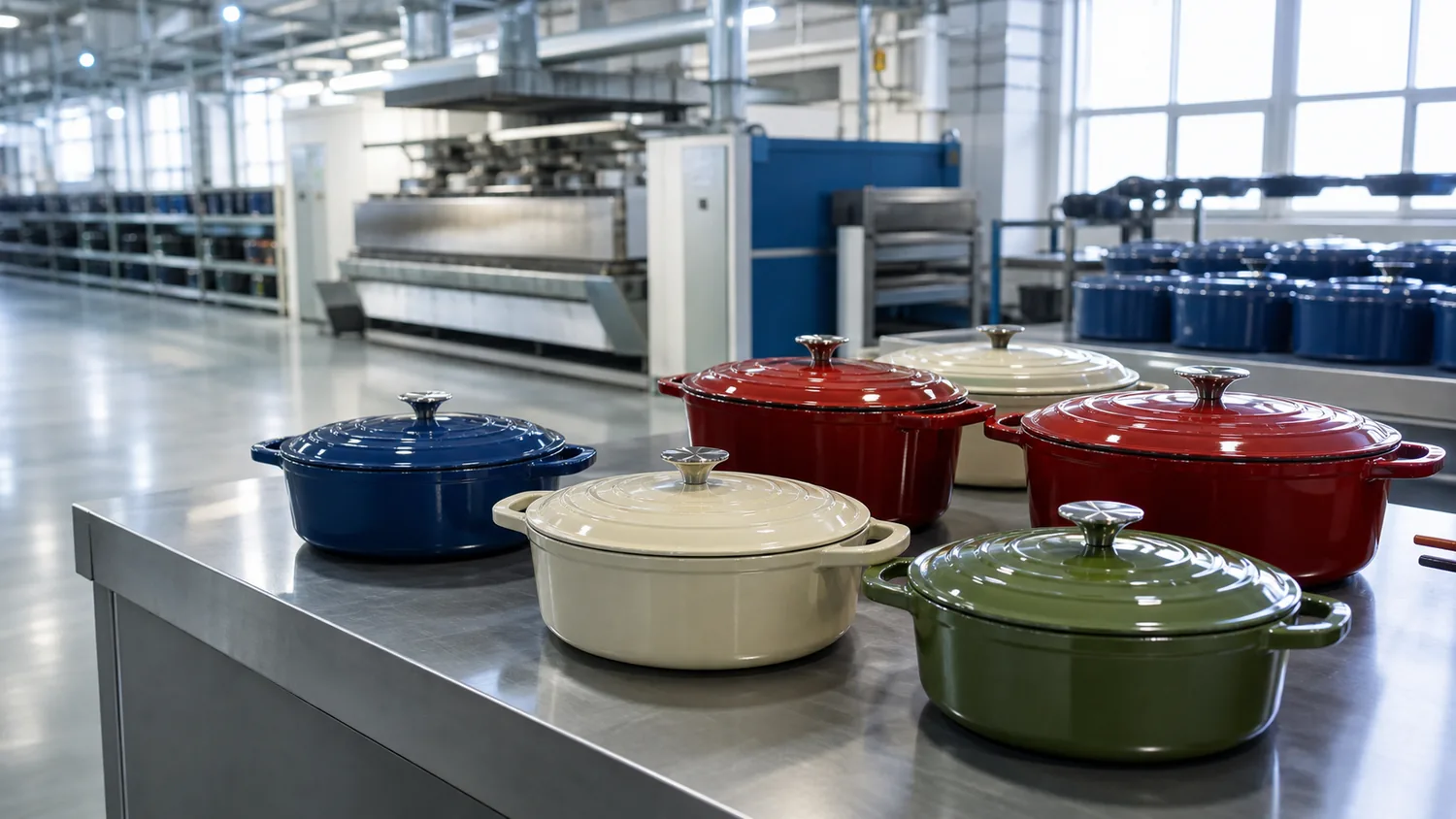 Enameled cast iron Dutch ovens in a clean cookware production facility