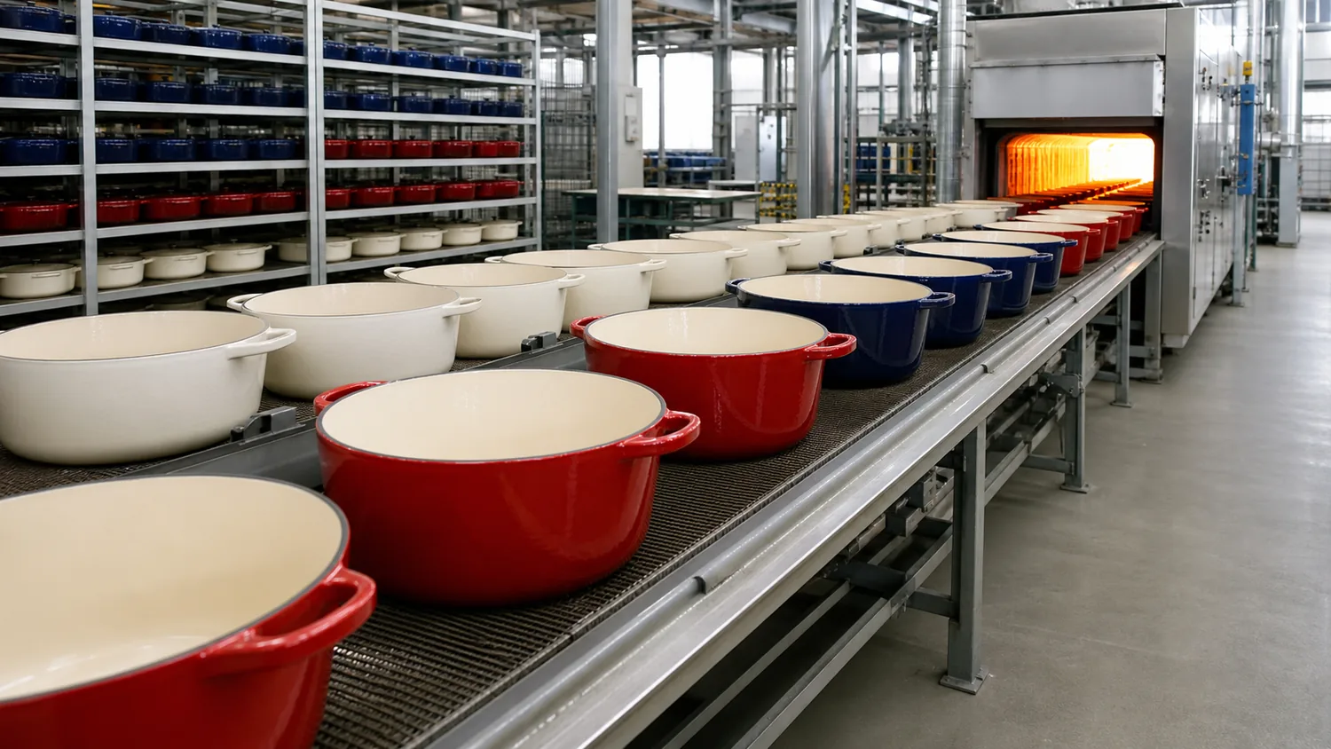 Enameled cast iron Dutch oven bodies moving through a factory firing production line