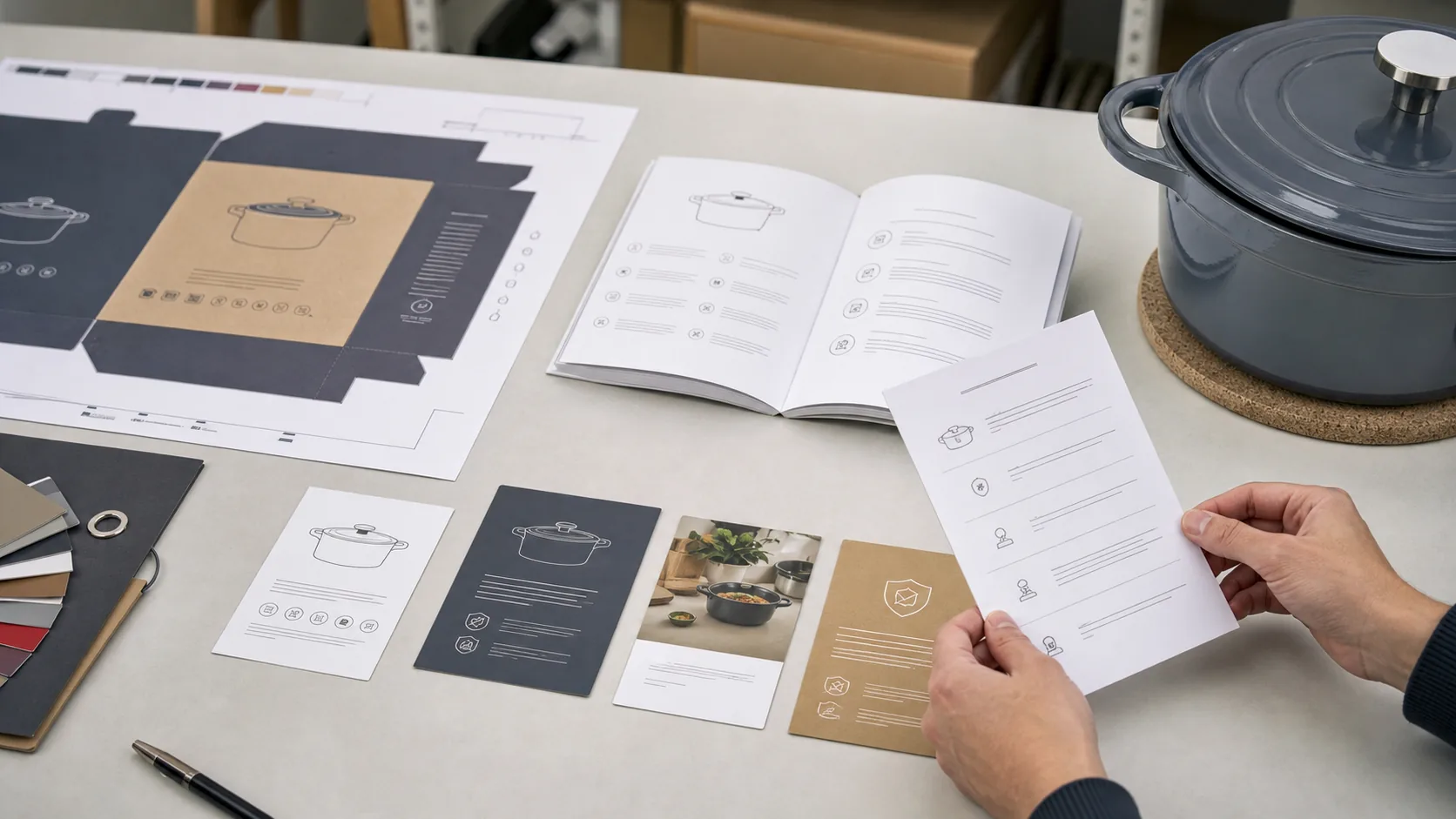 Cookware care card manual packaging proof and sample approval materials for OEM buyers