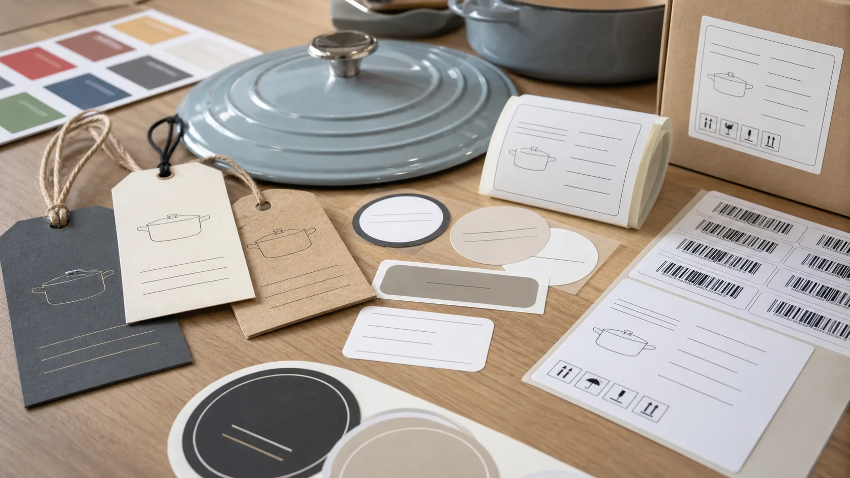 Logo labels hang tags barcode stickers and carton label materials for OEM cookware branding