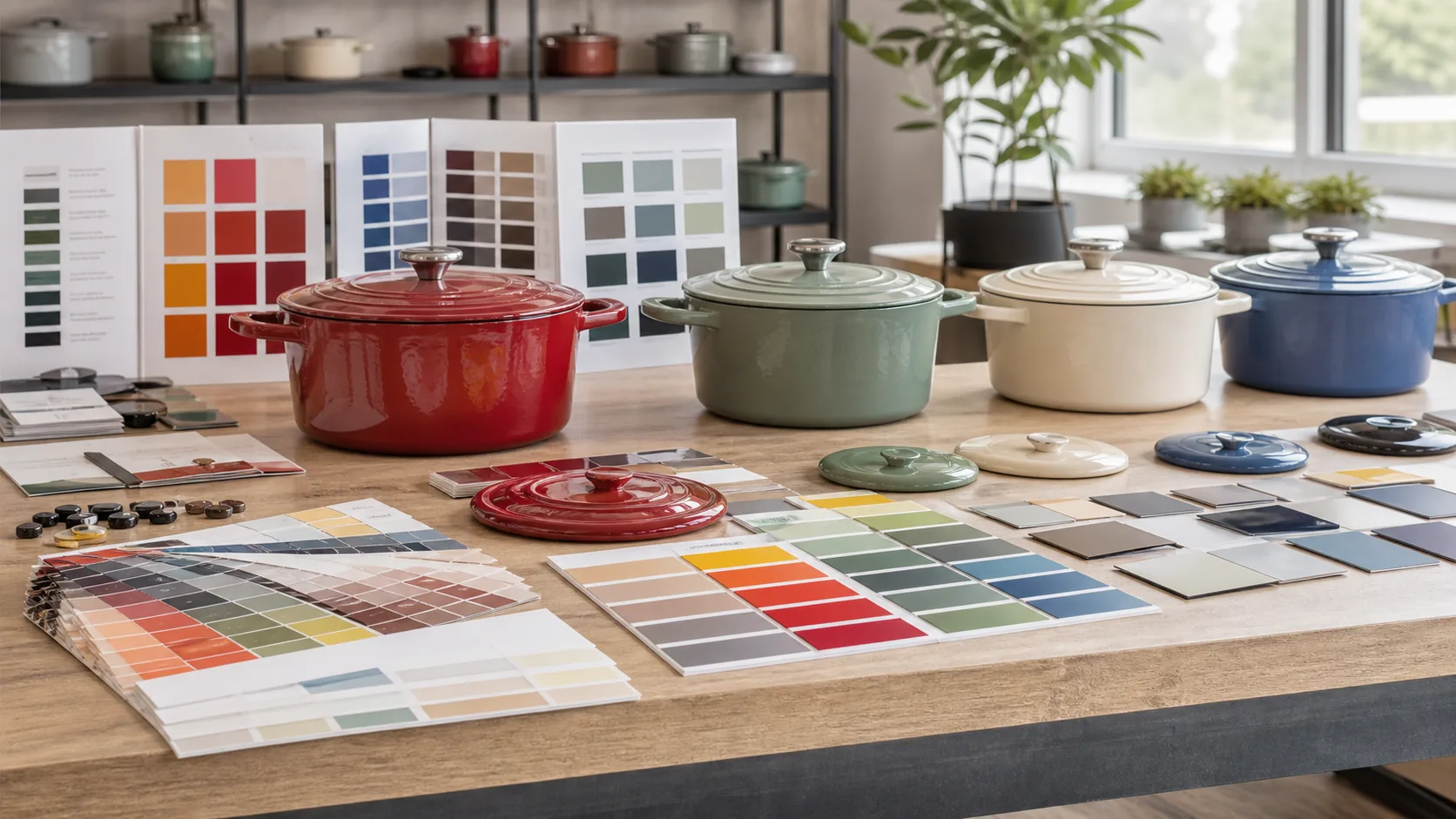 Custom enamel color swatches and cast iron cookware samples for OEM color development