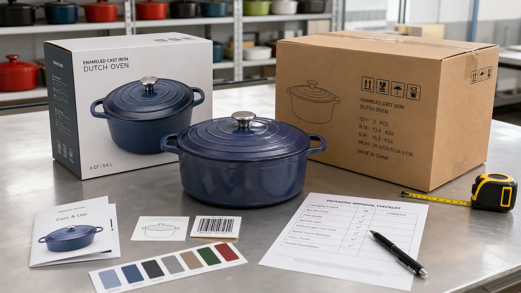 OEM packaging approval table with enameled cast iron cookware retail box carton care card label and color swatches