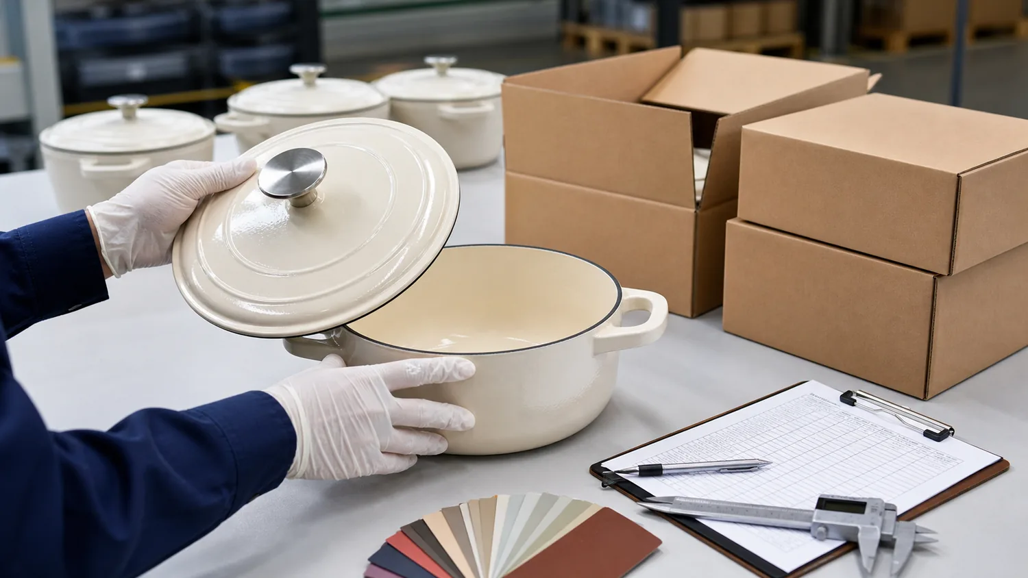 Quality inspection and packaging preparation for enameled cast iron Dutch ovens