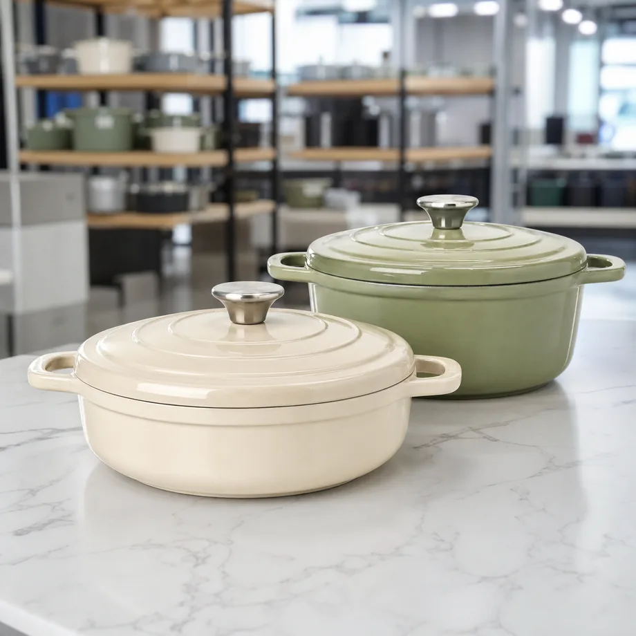 Low-profile cream enameled cast iron braiser for premium cookware lines