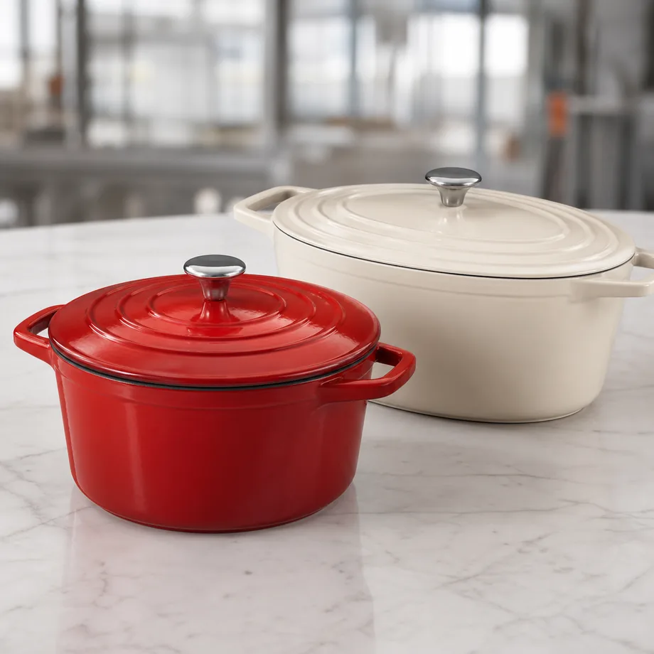 Red and cream enameled cast iron Dutch ovens for OEM cookware buyers