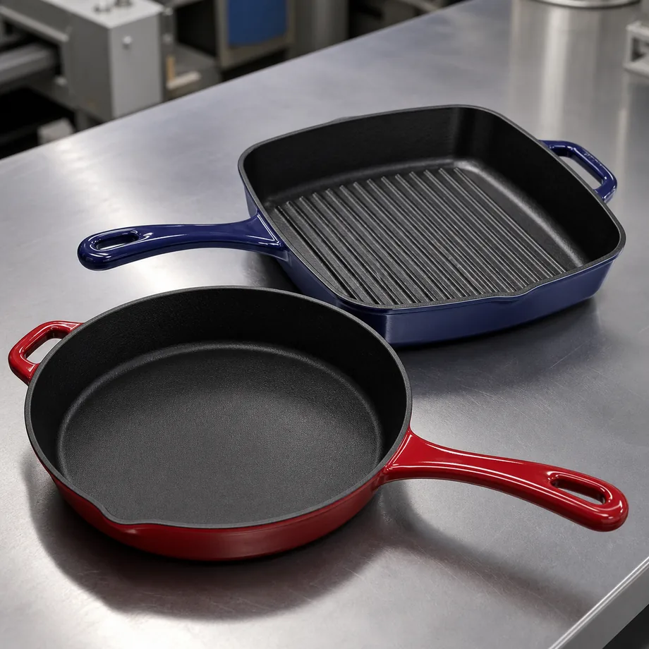 Red enameled cast iron skillet on a factory inspection table
