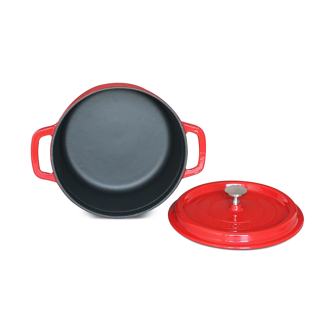 Red enameled cast iron Dutch oven with lid