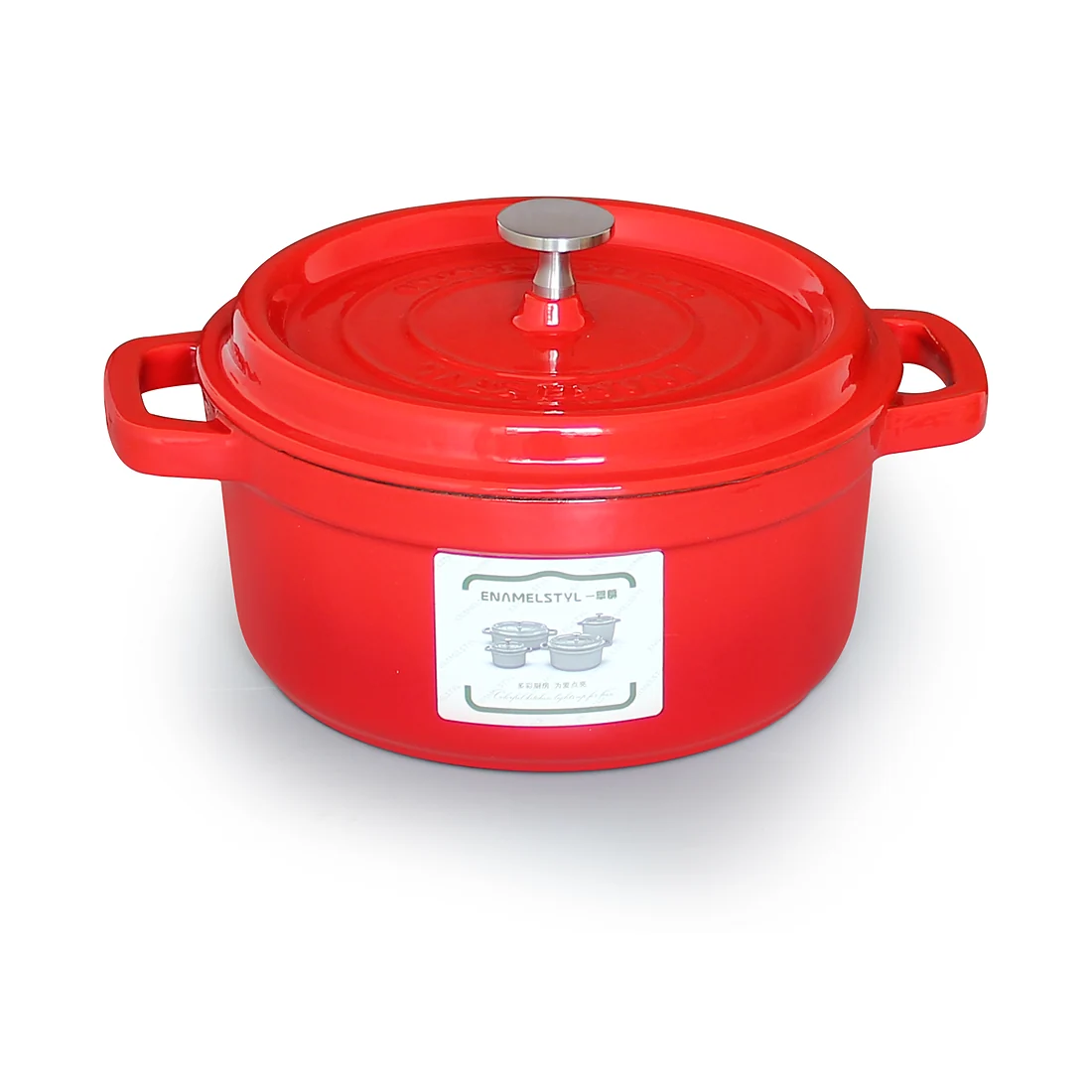 Red enameled cast iron Dutch oven open view with lid