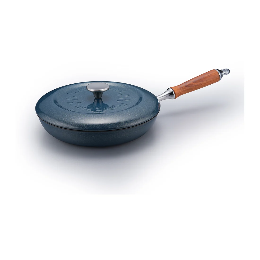 Deep blue enameled cast iron skillet