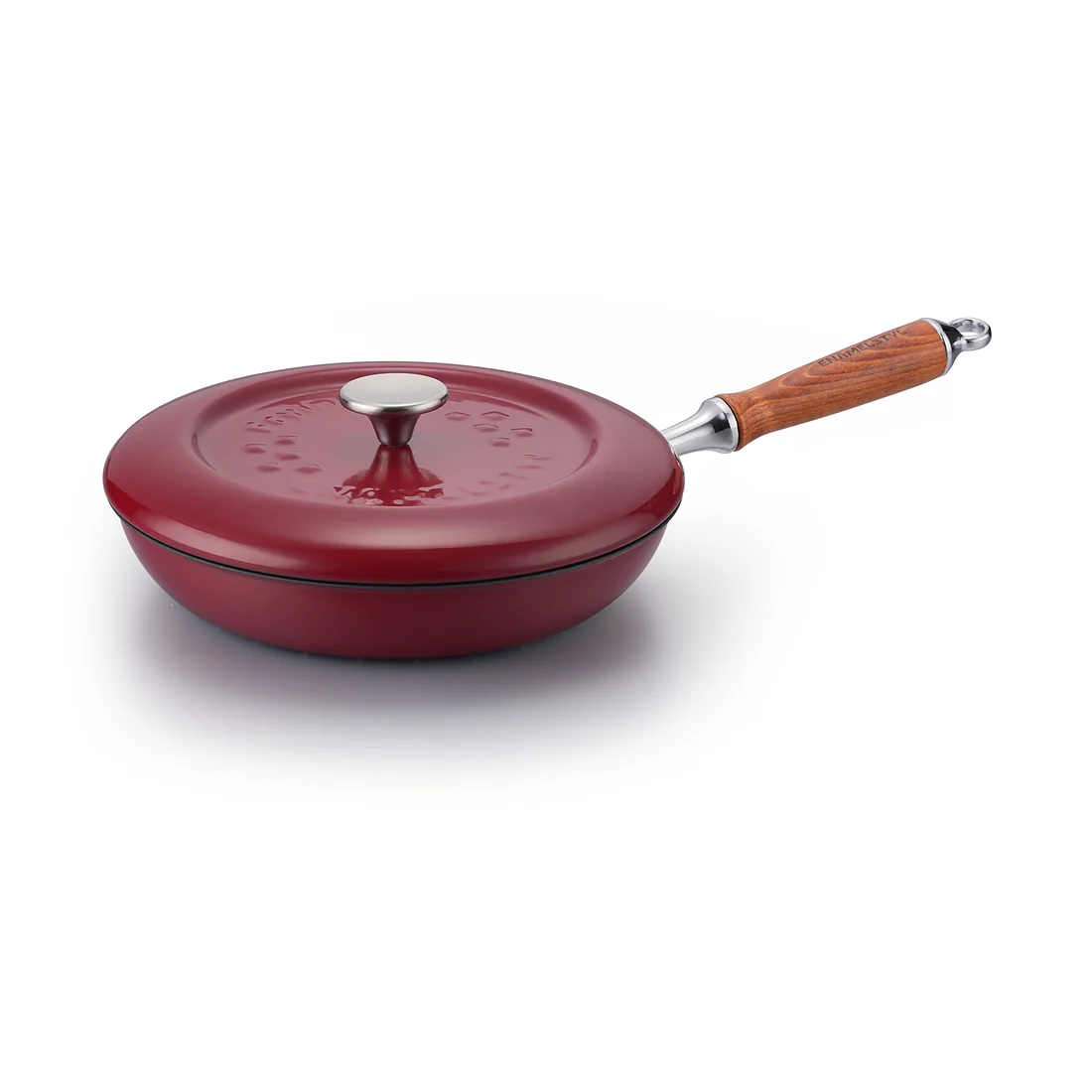 Burgundy enameled cast iron skillet with lid