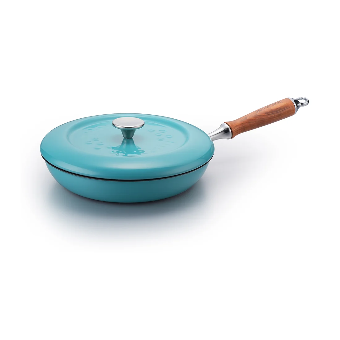Blue enameled cast iron skillet with lid