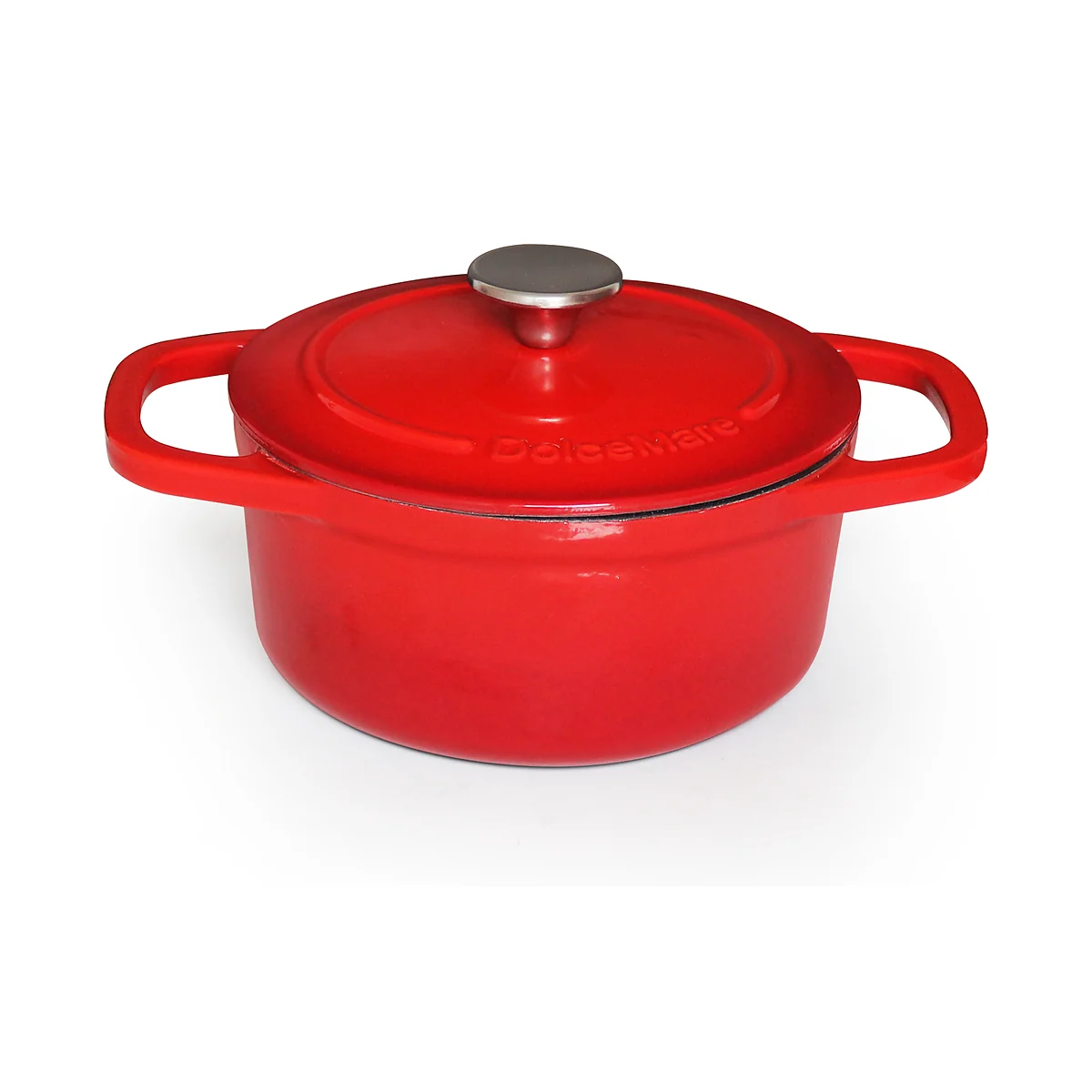 Real red enameled cast iron Dutch oven product photo for OEM cookware buyers