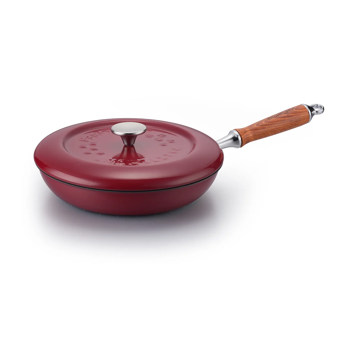 Real burgundy enameled cast iron skillet product photo with long handle